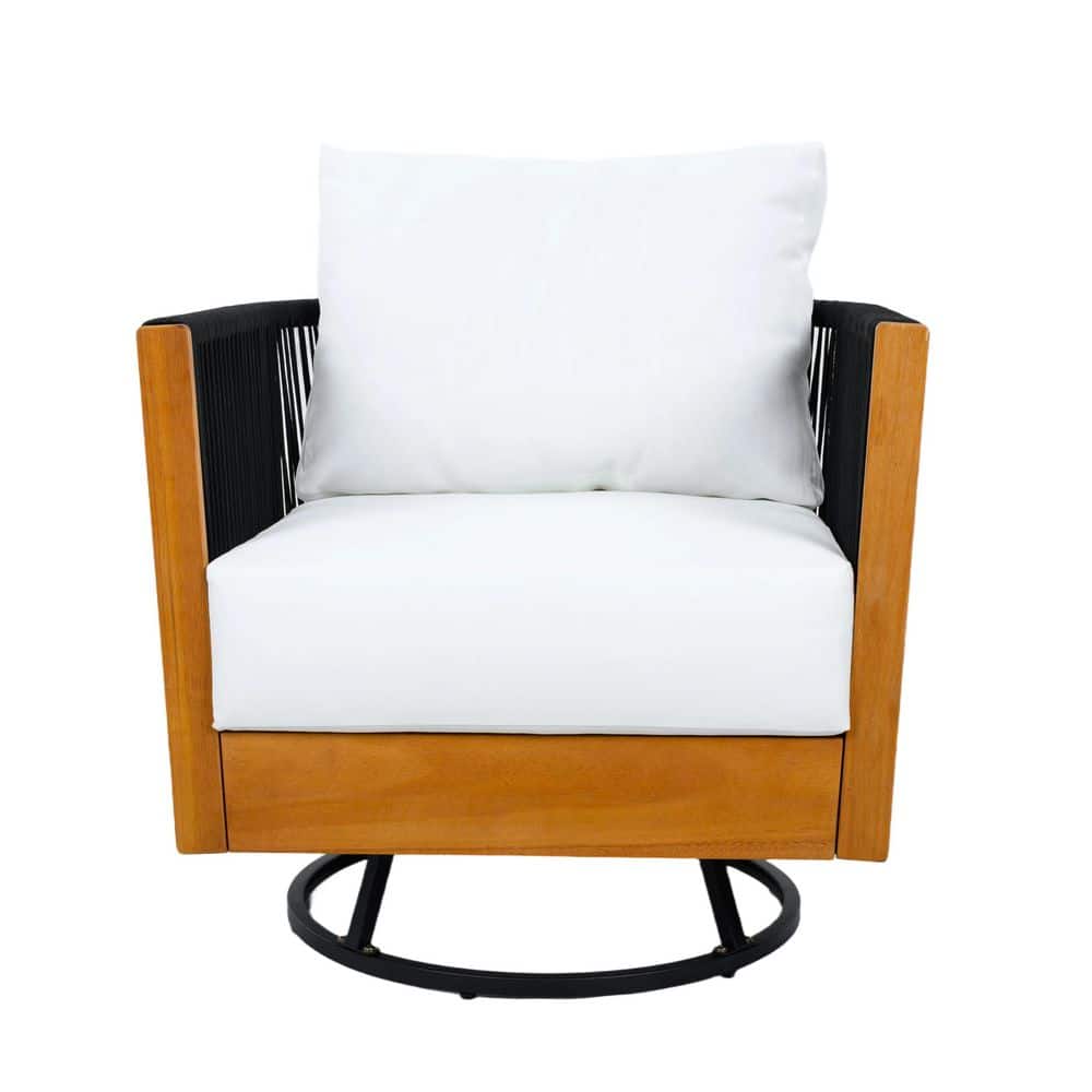 Veronica Patio Swivel Chair Wood and Rope Woven Outdoor Lounge Chair with White Cushions, Natural+Black price history on PriceWatchPro