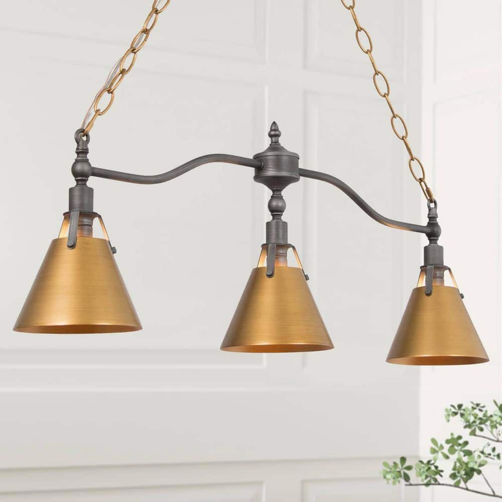 Brushed Vintage Gold Island Chandelier for Kitchen Dining Room, Linear 3-Light Billiard Light with Bell Shades Gray Arm price history on PriceWatchPro