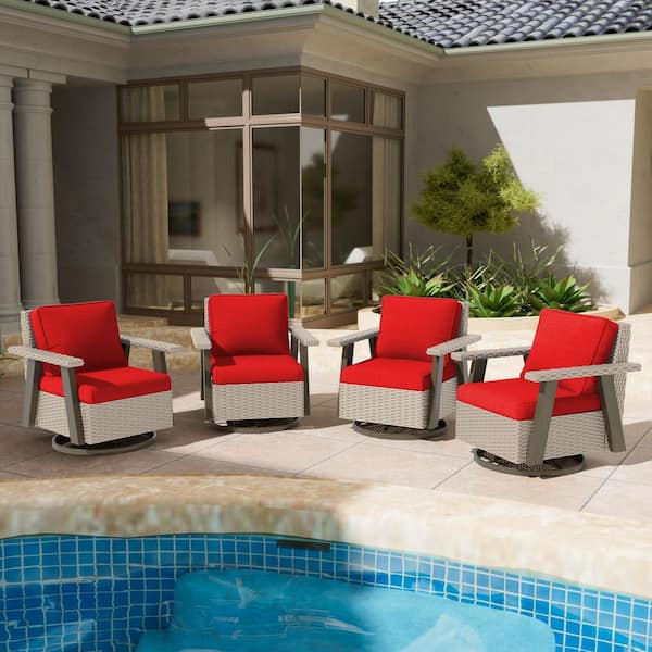 Brown Swivel Wicker Outdoor Lounge Chair Seating Set with Red Cushions (4-Pack)