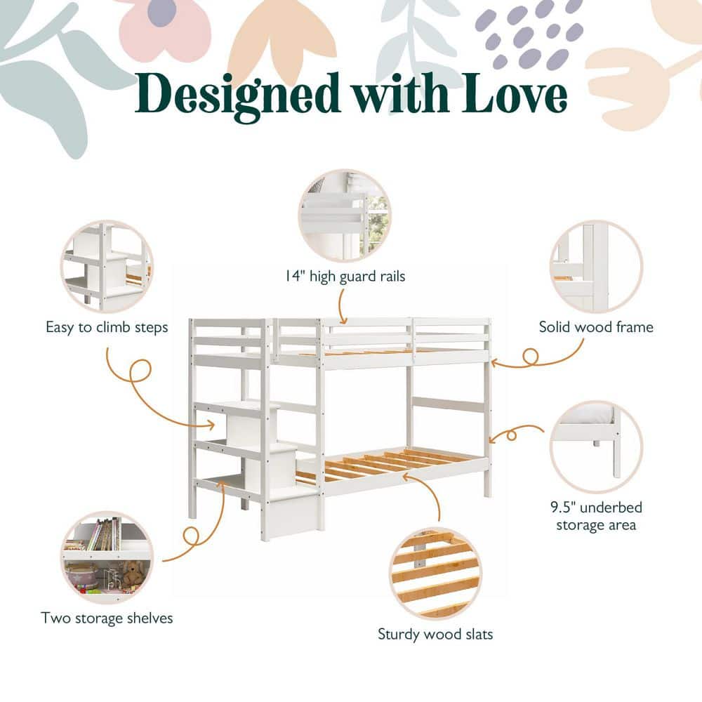 White Twin Over Twin Pine Wood Bunk Bed with Stairs and Shelves
