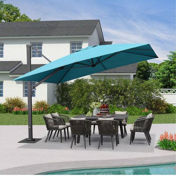 PURPLE LEAF 12 ft. Square Aluminum Large Outdoor Cantilever 360-DegreeRotation Patio Umbrella with Base Plate, Turquoise Blue