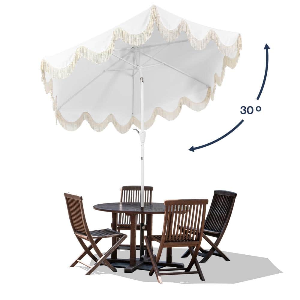 Collins 9 ft. White and Cream Aluminum Patio Umbrella with Tassels