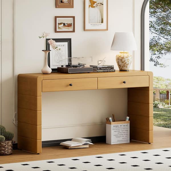 55 in. L Natural Rectangle Wood Console Table with 2 Drawers