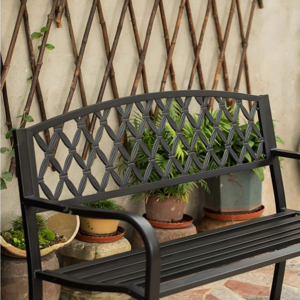 Black Steel Outdoor Garden Bench with Cast Iron Backrest