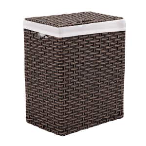 Lidded Rectangular Mocha Brown Collapsible Plastic Wicker Laundry Hamper Basket with Washable Liner