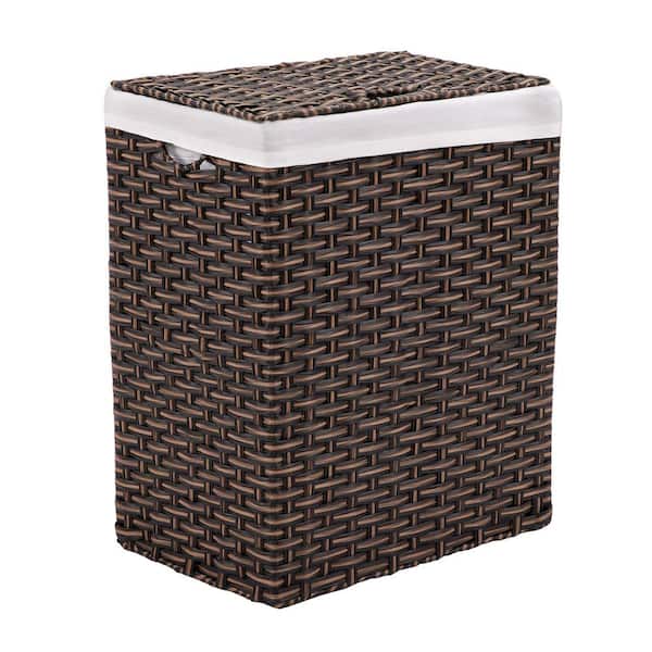 Seville Classics Lidded Rectangular Mocha Brown Collapsible Plastic Wicker Laundry Hamper Basket with Washable Liner