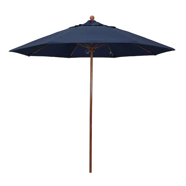 California Umbrella 9 ft. Woodgrain Aluminum Commercial Market Patio Umbrella Fiberglass Ribs and Push Lift in Spectrum Indigo Sunbrella