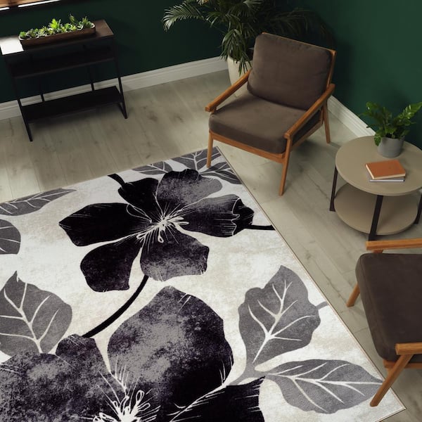 Black/Grey 3 ft. x 5 ft. Non-Skid Floral Area Rug