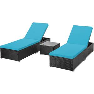 Dark Coffee PE Wicker Outdoor Lounge Chairs for Outside Patio Recliner Chair with Side Table Blue Cushion (2-Pack)