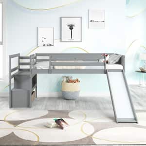 Gray Low Profile Twin Size Kids Loft Bed with Slide and Drawer, Wood Loft Bed Frame with Storage Shelf and Staircases