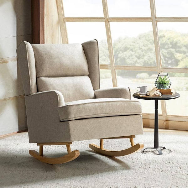 JAYDEN CREATION Andres Linen Rocking Chair with Solid Wooden legs