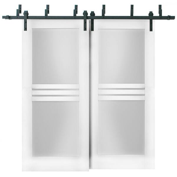 VDOMDOORS 36 in. x 80 in. 2 Panel Frosted Glass White Solid MDF Sliding Barn Door with Hardware Kit