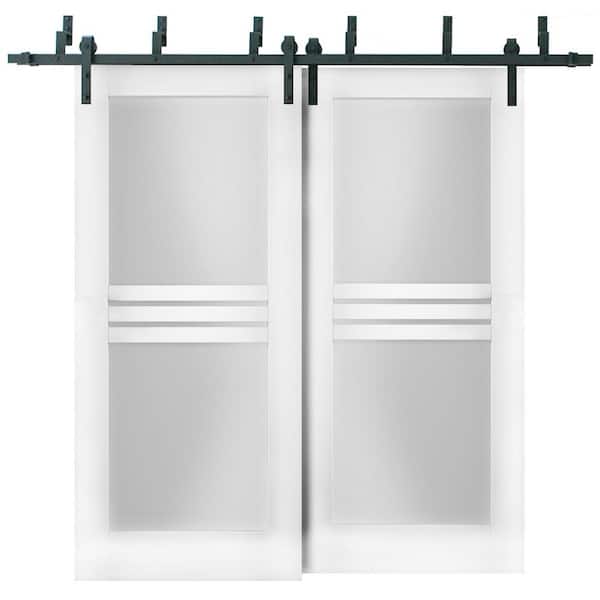 VDOMDOORS 72 in. x 80 in. 2 Panel Frosted Glass White Solid MDF Sliding Barn Door with Hardware Kit