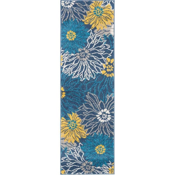 Nourison Passion Blue 2 ft. x 6 ft. Floral Contemporary Kitchen Runner Area Rug