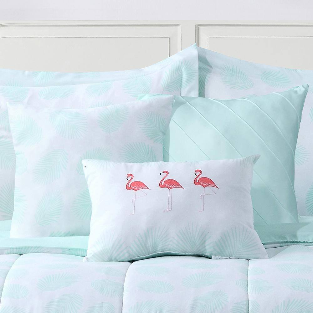 Mint Flamingo Embroidered 7-Piece Queen Microfiber Bedding Set