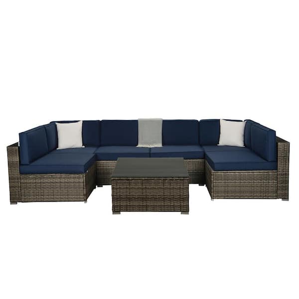 Willit Gray 7-Piece Wicker Patio Conversation Sectional Seating Set with Navy Cushions