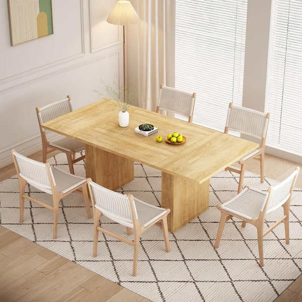 ATHMILE Natural Wood 78.74 in. Double Pedestal Rectangular Dining Table Seats 8