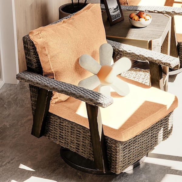 Patio Rattan Wicker Swivel Outdoor Rocking Chair with Brown Cushions and Side Table
