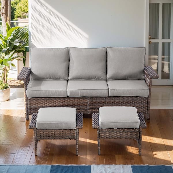 Pocassy Seagull Collection 3-Piece Wicker Outdoor Patio Seating Conversation Set Sectional Sofa and Ottoman (Gray)