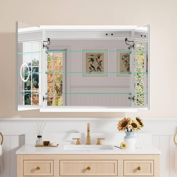 36 in. W x 32 in. H Rectangular Aluminum Medicine Cabinet with Mirror, Anti-Fog, 3-Color, 3X Magnifier, Soft Close Door