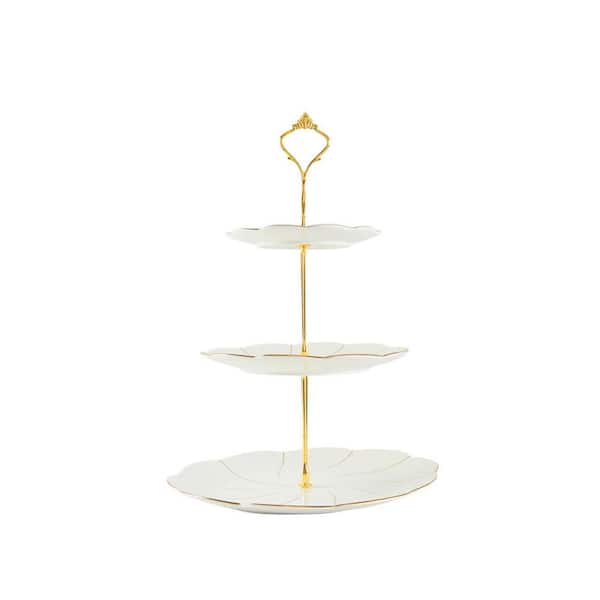 3-Tier White Porcelain Cake Stand with Luxury Golden Trim, British Style Tower for Weddings, Tea Party, Dessert Display
