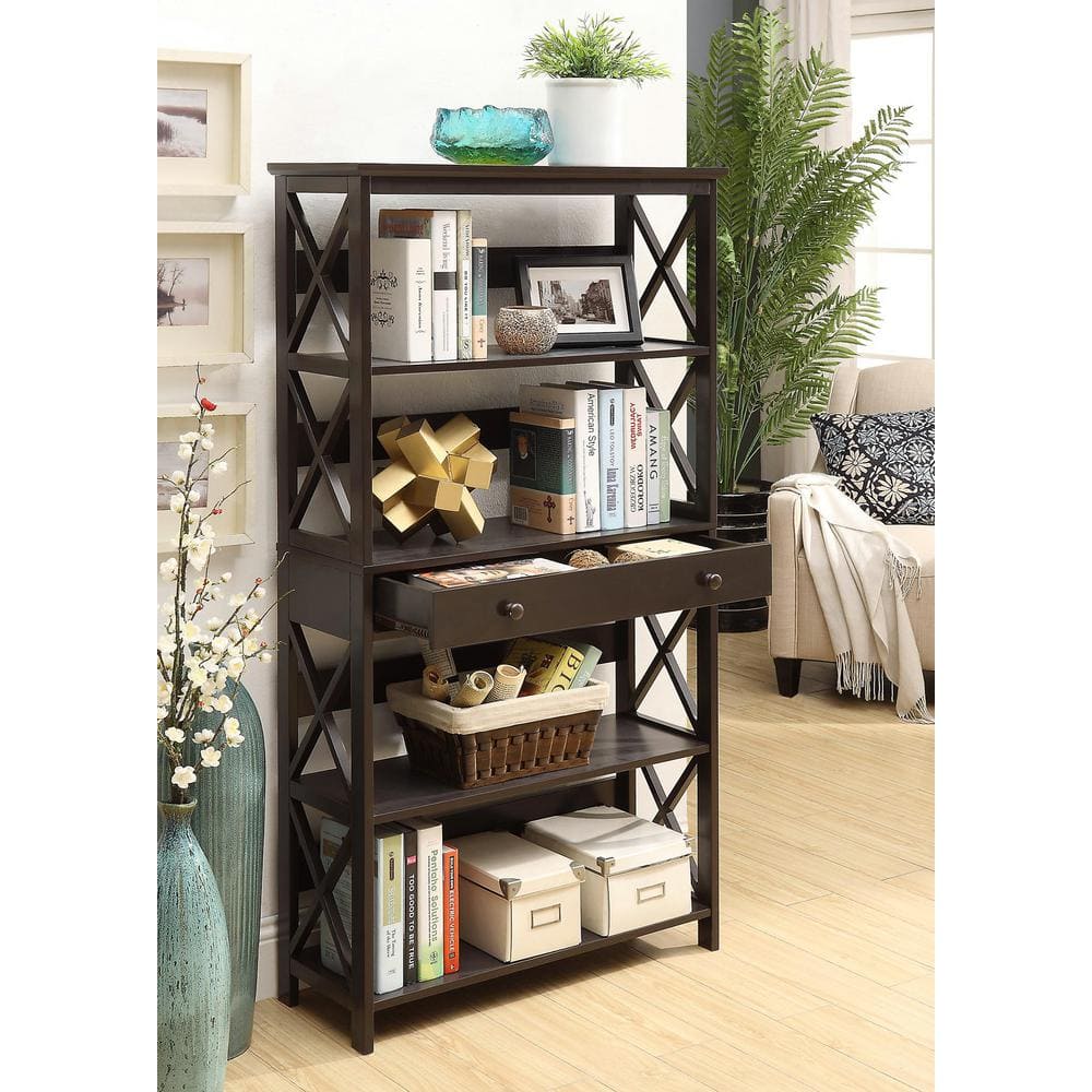 Oxford Espresso 5-Tier Wood Bookcase with Concealed Drawer
