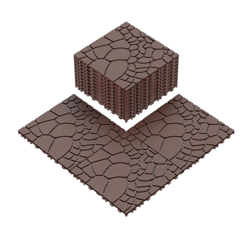 12 in. Red Brown Stone Texture Interlocking Patio Deck Tiles, for Poolside 
