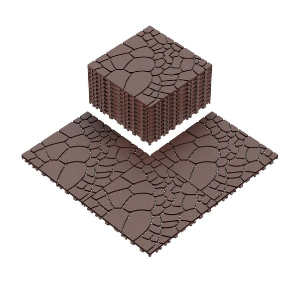 Unbranded 12 in. Red Brown Stone Texture Interlocking Patio Deck Tiles, for Poolside Balcony Backyard, Easy Assembly (44-Pack)