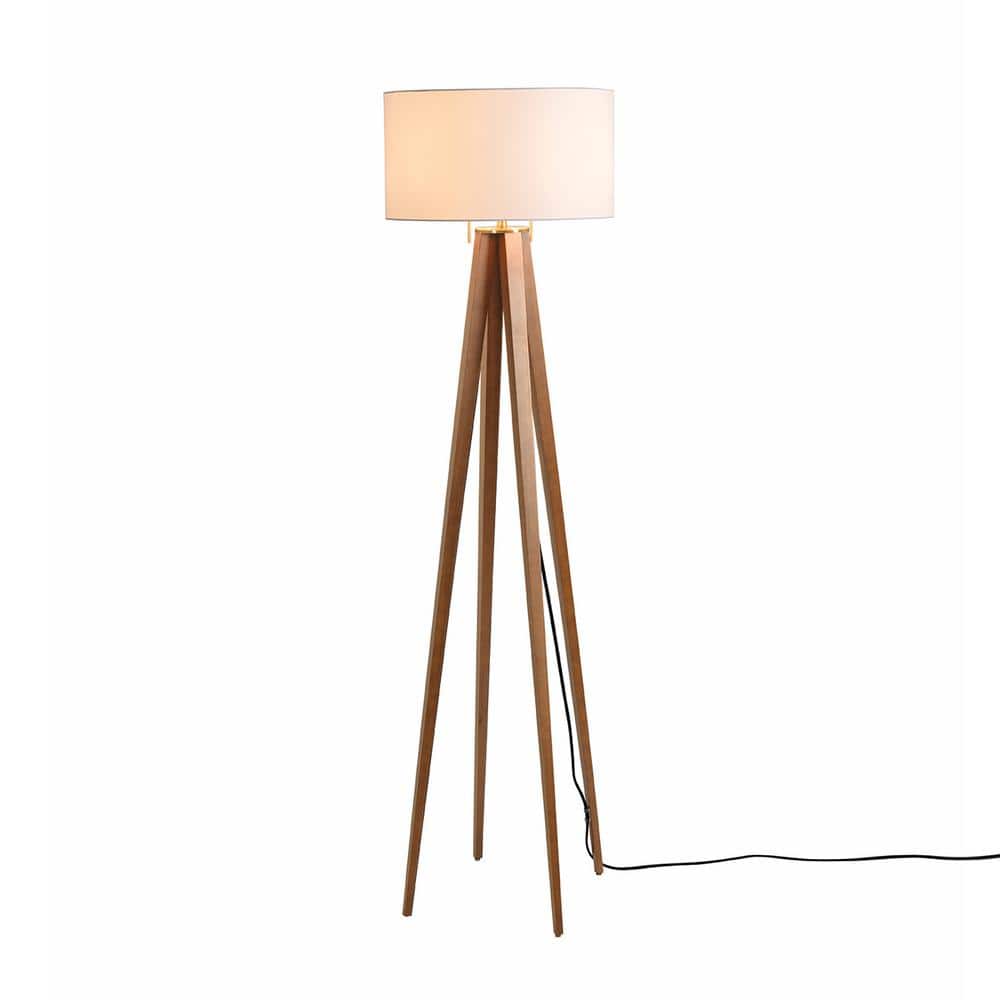 Natural Ash and Weathered Brass Floor Lamp with White Linen Shade