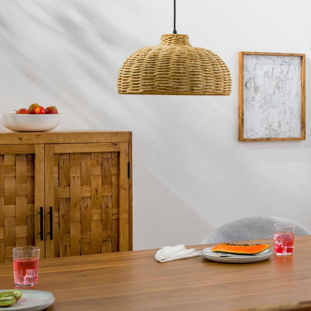 Beige Seagrass Bell Mini Pendant Light with Black Cord