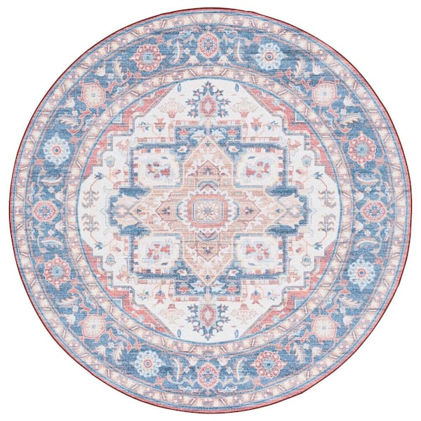SAFAVIEH Arizona Rust/Blue 6 ft. x 6 ft. Distressed Border Ornate Machine Washable Round Area Rug