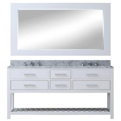 72 in. W x 21.5 in. D Vanity in White with Marble Vanity Top in Carrara White, Mirror and Chrome Faucets