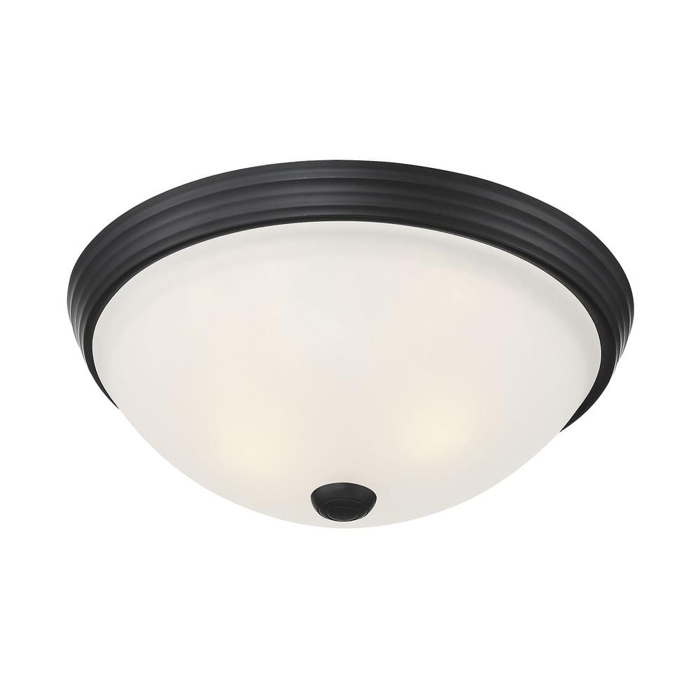 13" Black Nickel Flush Mount with White Etched Glass Shade