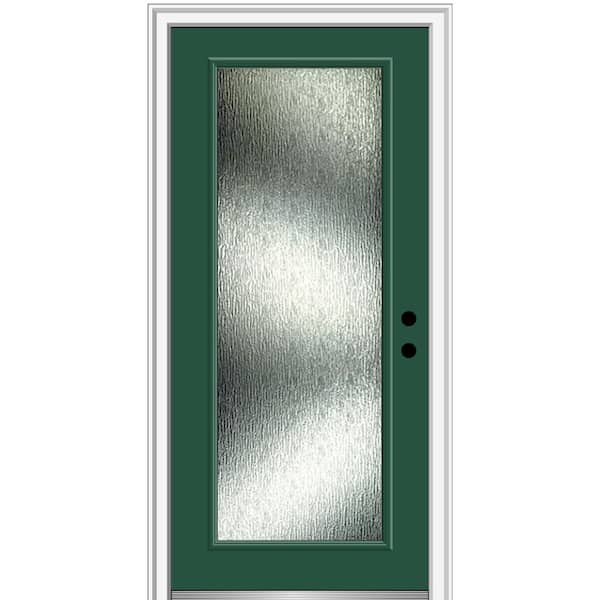 MMI DOOR 36 in. x 80 in. Left-Hand Inswing Rain Glass Hunter Green Fiberglass Prehung Front Door on 4-9/16 in. Frame