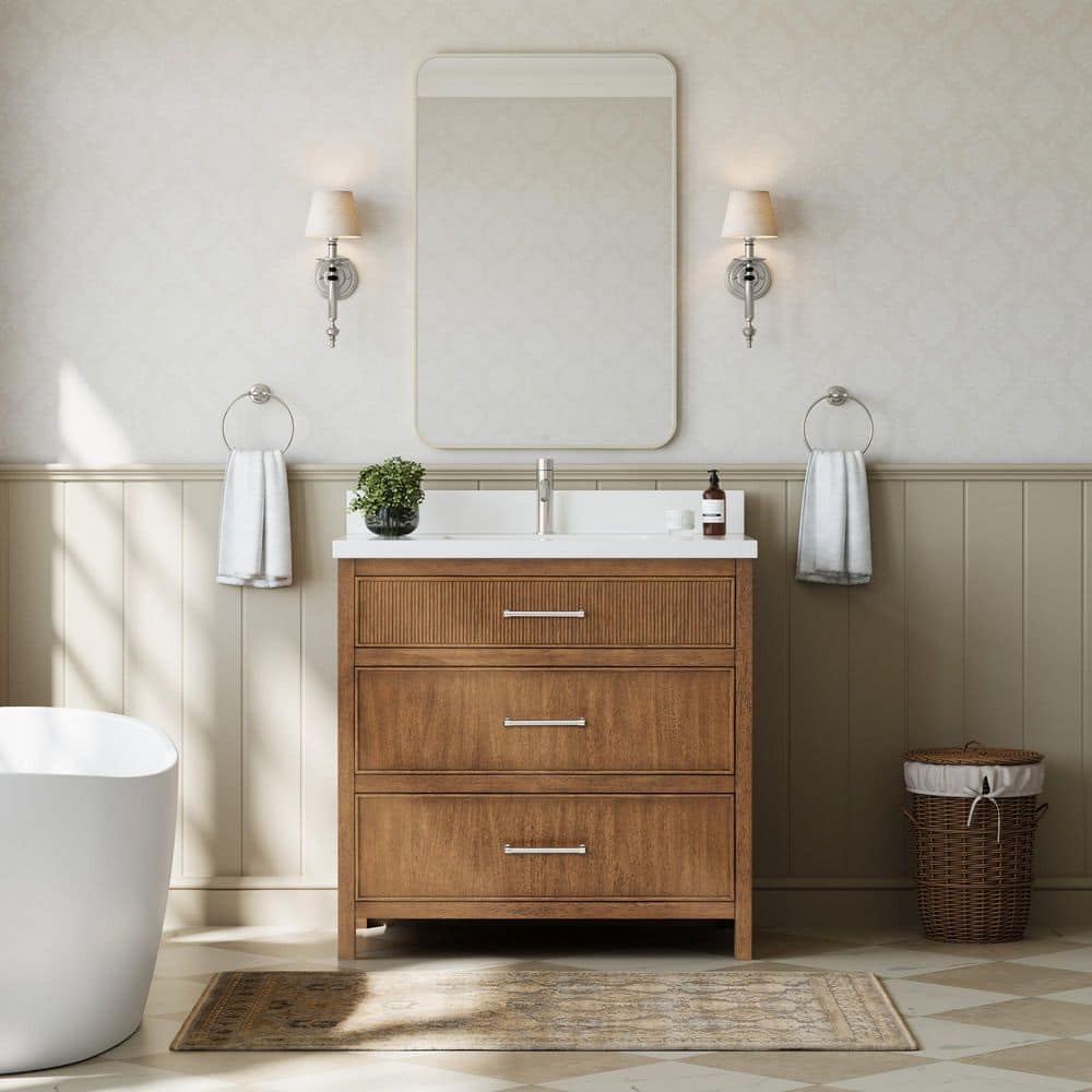 Isola 36 in. Single Freestanding Toasted Walnut with Brushed Nickel Trim Bath Vanity with White Quartz Top price history on PriceWatchPro