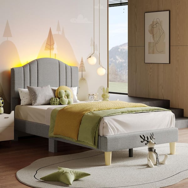 Gray Wood Frame Twin Upholstered Platform Bed Scalloped Bed Frame with LED Adjustable Arc Headboard