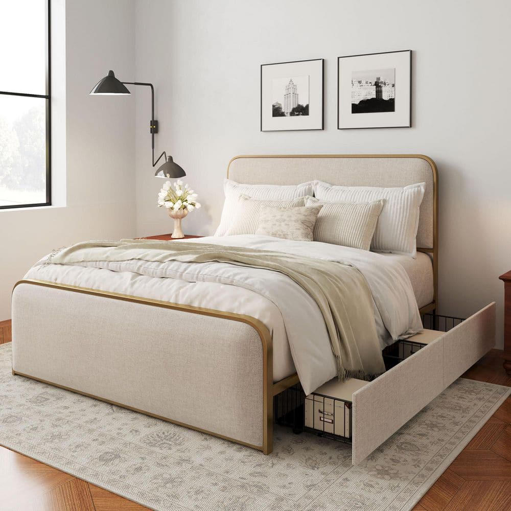 Gold and Beige Metal Frame King Size Platform Bed with 4-Drawers, Heavy Duty Metal Slats, Curved Upholstered Headboard price history on PriceWatchPro