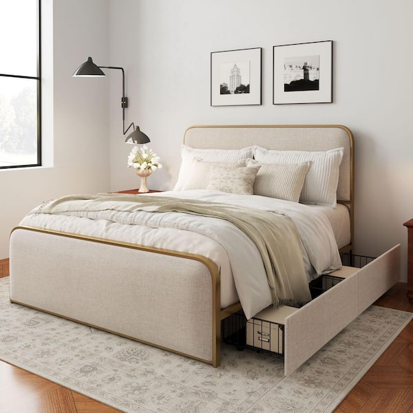 Gold and Beige Metal Frame King Size Platform Bed with 4-Drawers, Heavy Duty Metal Slats, Curved Upholstered Headboard