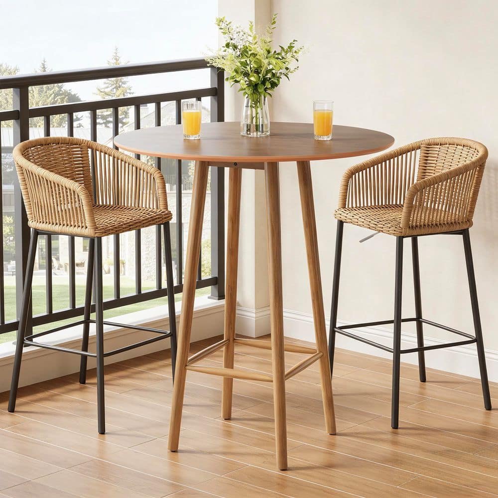 BYBLIGHT 39.37 in. H Brown Solid Wood Round Pub Bar Table with Footrest ...