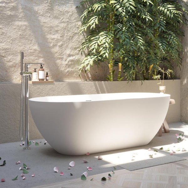 59 in. x 29.5 in. Freestanding Solid Surface Soaking Bathtub with Drain and Overflow in Matte White