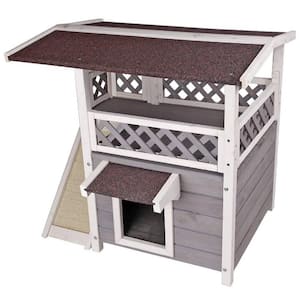 Gray Cat House for Outdoor Cats Weatherproof with Scratching Pad and Escape Door