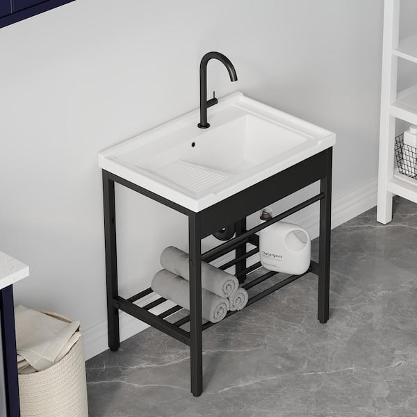 Eridanus Branson 28 in. W x 19 in. D Vitreous China Freestanding Utility/Laundry Sink in White with Cabinet (Faucet Not Included)