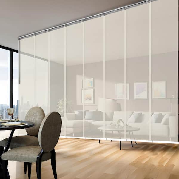 EMOH Ivory Mesh 130 in.- 175 in. W x 94 in. L Adjustable 8-Panel White Double Rail Panel Track with 23.5 in. Slates
