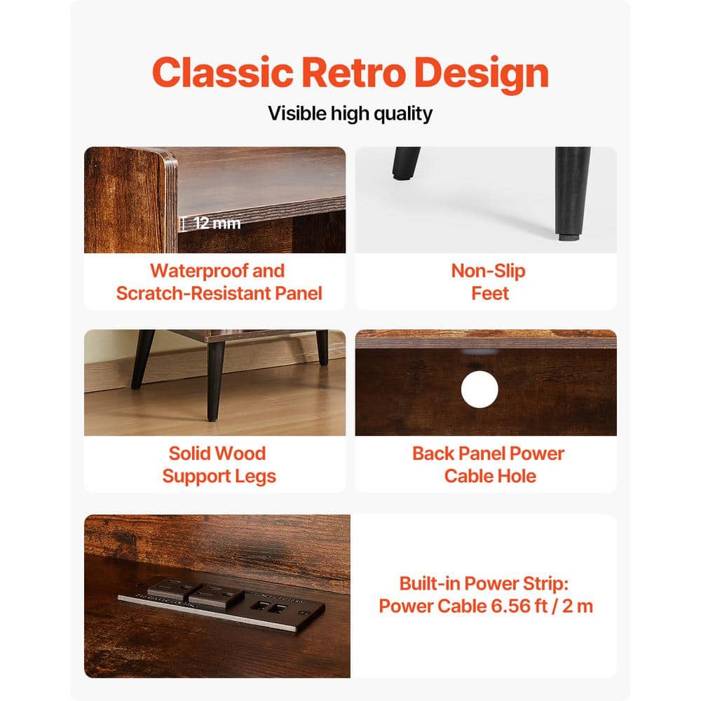 Brown Wood 3-Tier Record Player Stand with LED Light and USB Ports