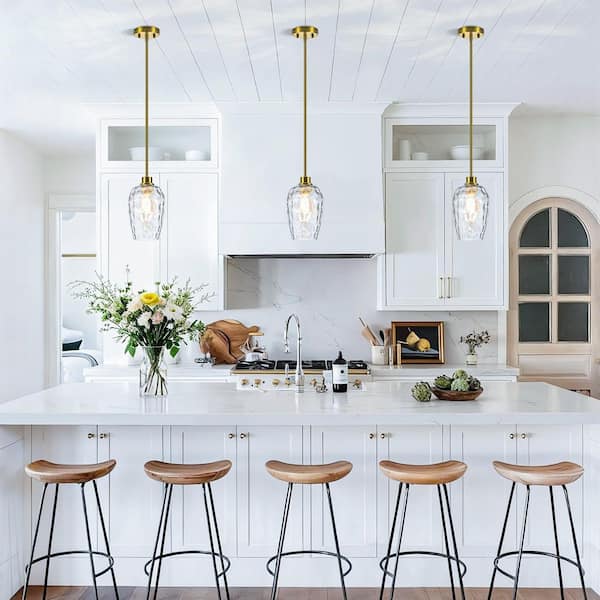 RayHome 60W 1-Light Modern Gold Adjustable Height Pendant Light with Hand-Blow Hammered Glass for Kitchen Bedroom