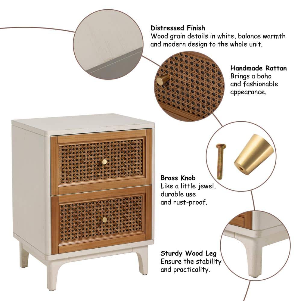 White and Brown 2-Drawer Cane Front Nightstand with Brass Knobs