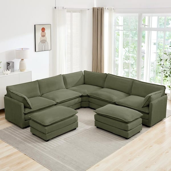 113.4 in. W 7-Piece Modern Corduroy Fabric Sectional Sofa with Ottoman in. Avocado Green