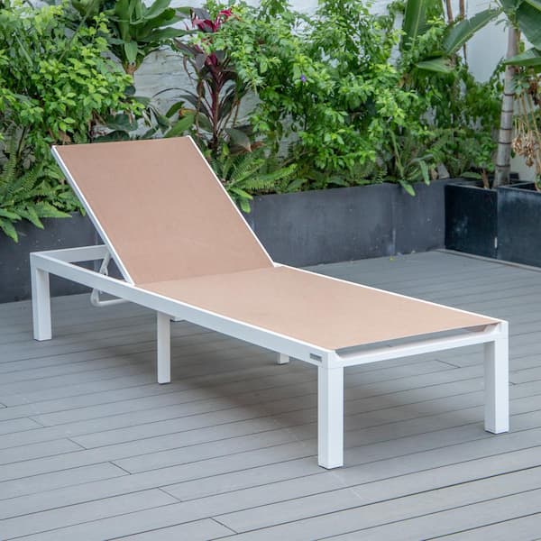 Leisuremod Marlin Outdoor Patio Chaise Lounge Chair in White Aluminum Reclining Backrest Mesh Sling Fabric Seat in Light Brown