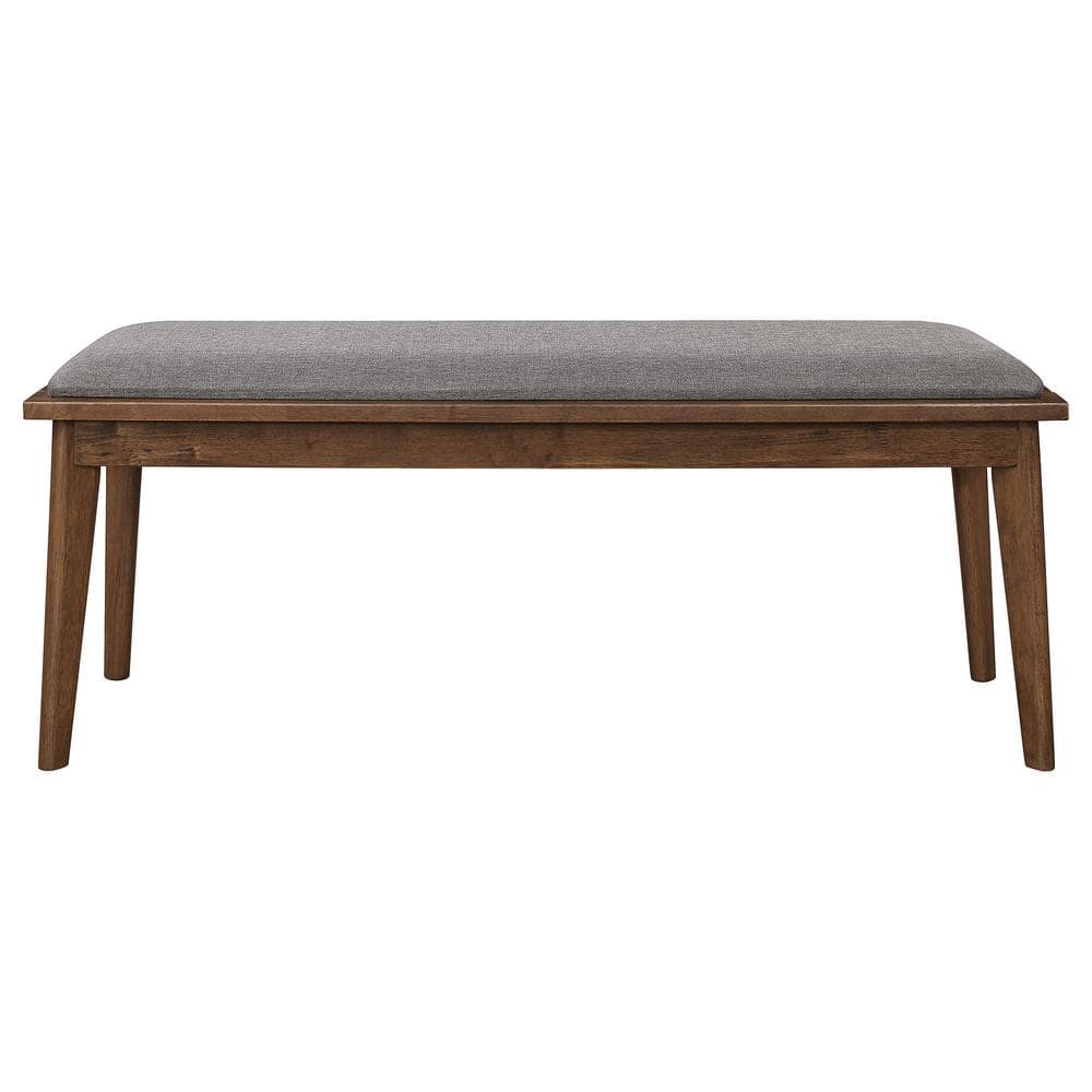 Retro-Inspired Gray Upholstered Dining Bench with Natural Walnut Legs