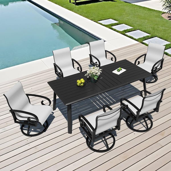 Oyster 7-Piece Rectangular Aluminum 82.7 in. Outdoor Dining Table with Umbrella Hole and Armchair
